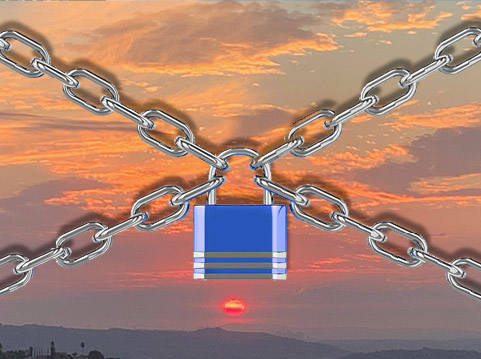 Photo of a sunset with a padlock and chains over top of the image.