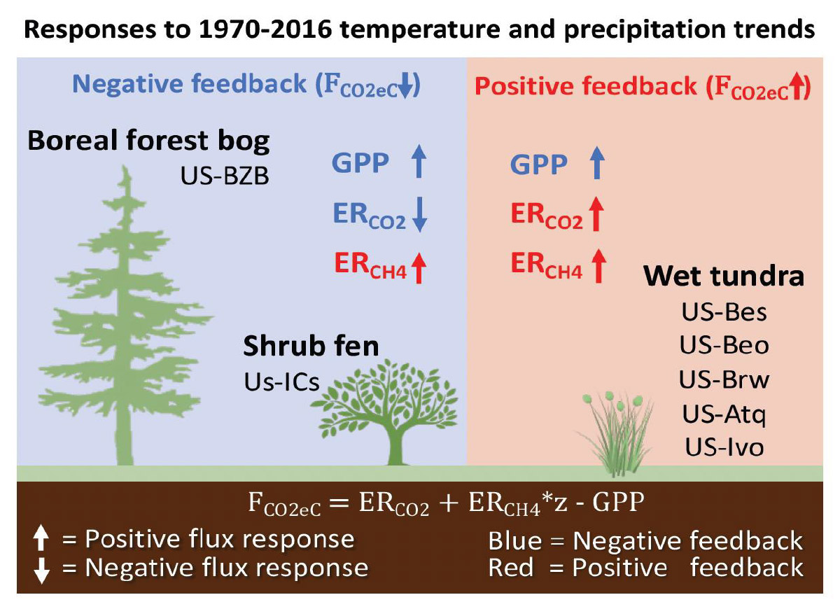 This figure shows the responses to 1970-2016 temperature and precipitation trends.