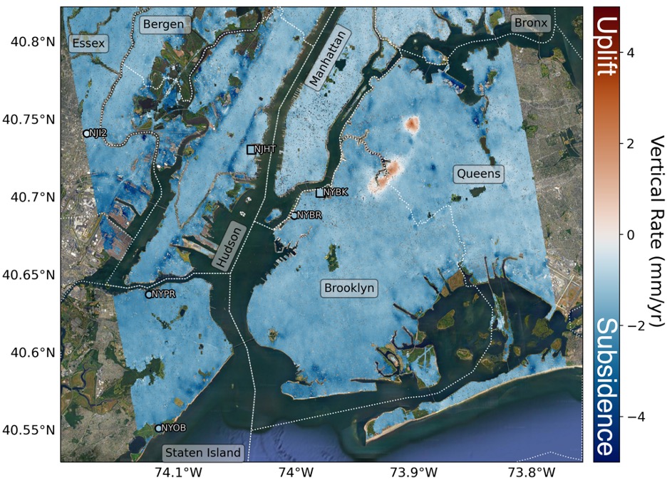 Map of New York City overlaid with a visualization of subsidence and uplift. The majority of the map's area displays subsidence.