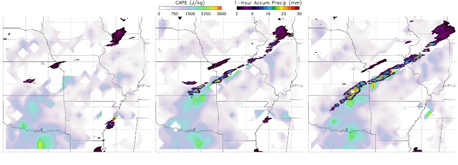 Predicted convective available potential energy (CAPE) – associated with thunderstorm potential – and hourly rain gauge-corrected rainfall. From left to right: predictions at 300 pm, 400 pm, and 500 pm local time in the central U.S. 