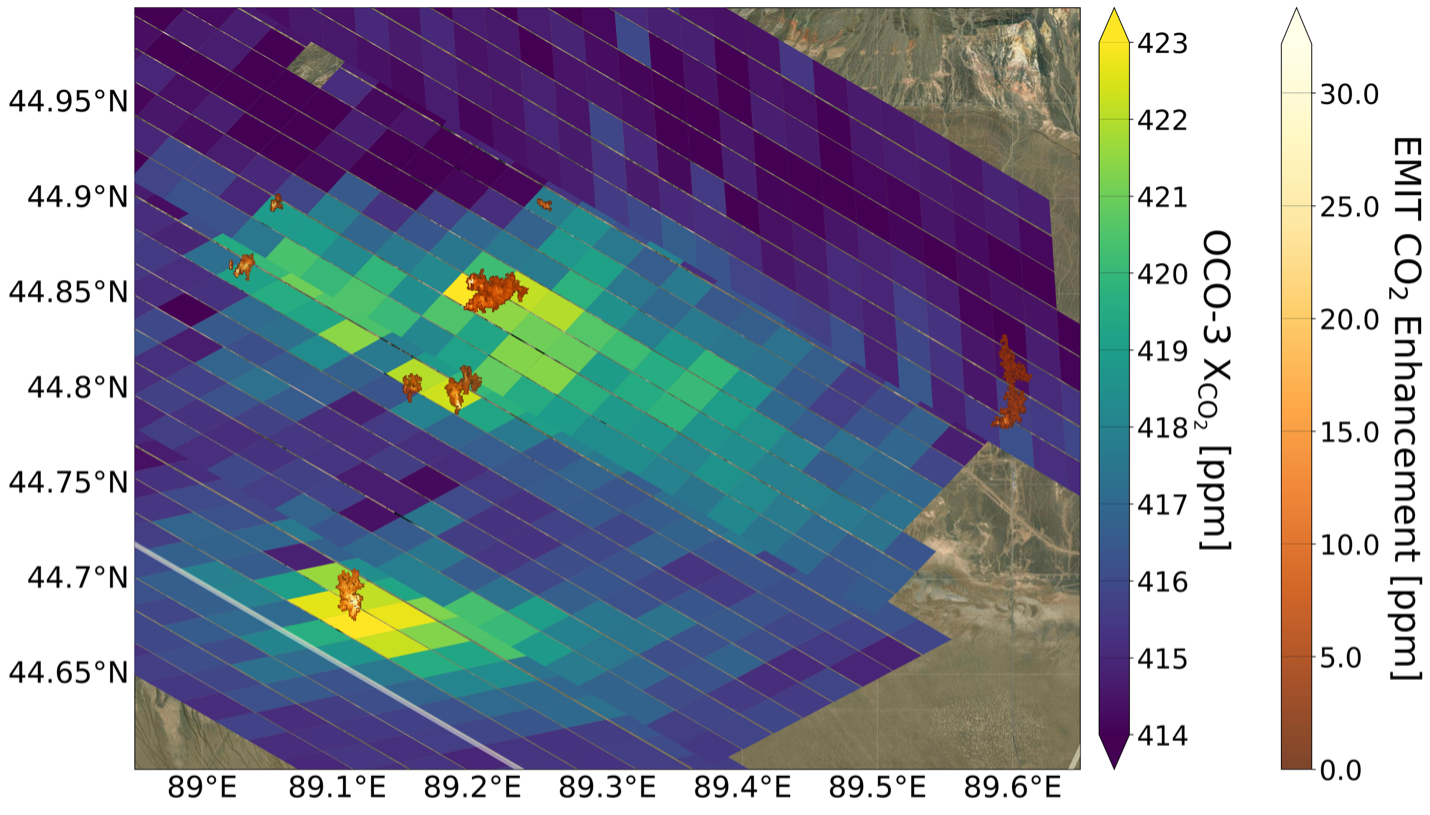 An angled grid of quadrilateral polygons is overlayed on a rectangular satellite image with bounds between 45 degrees North, 89 degrees East, and 44.6 degrees North, 89.7 degrees East. Most of the polygons are a deep blue shade, with spots of bright yellow in the bottom left and center-slightly-left. There is a legend titled OCO-3 XCO2 (ppm) that indicates that the deep blue regions have low CO2 (approximately 414 ppm) and the bright yellow regions have high CO2 (approximately 423 ppm).