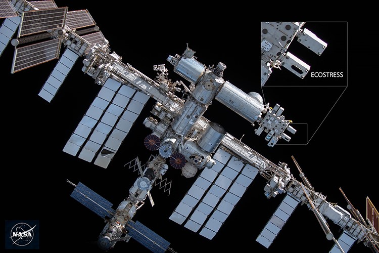 Image of the International Space Station with inset view of ECOSTRESS. 
