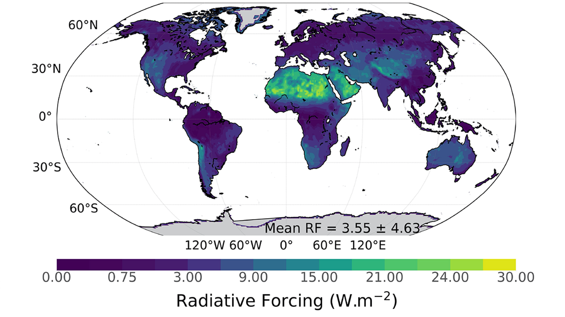 Map of the Earth displaying radiative forcing values across continents. Desert regions in northern Africa, the Arabian Peninsula, and central Asia show particularly high values.