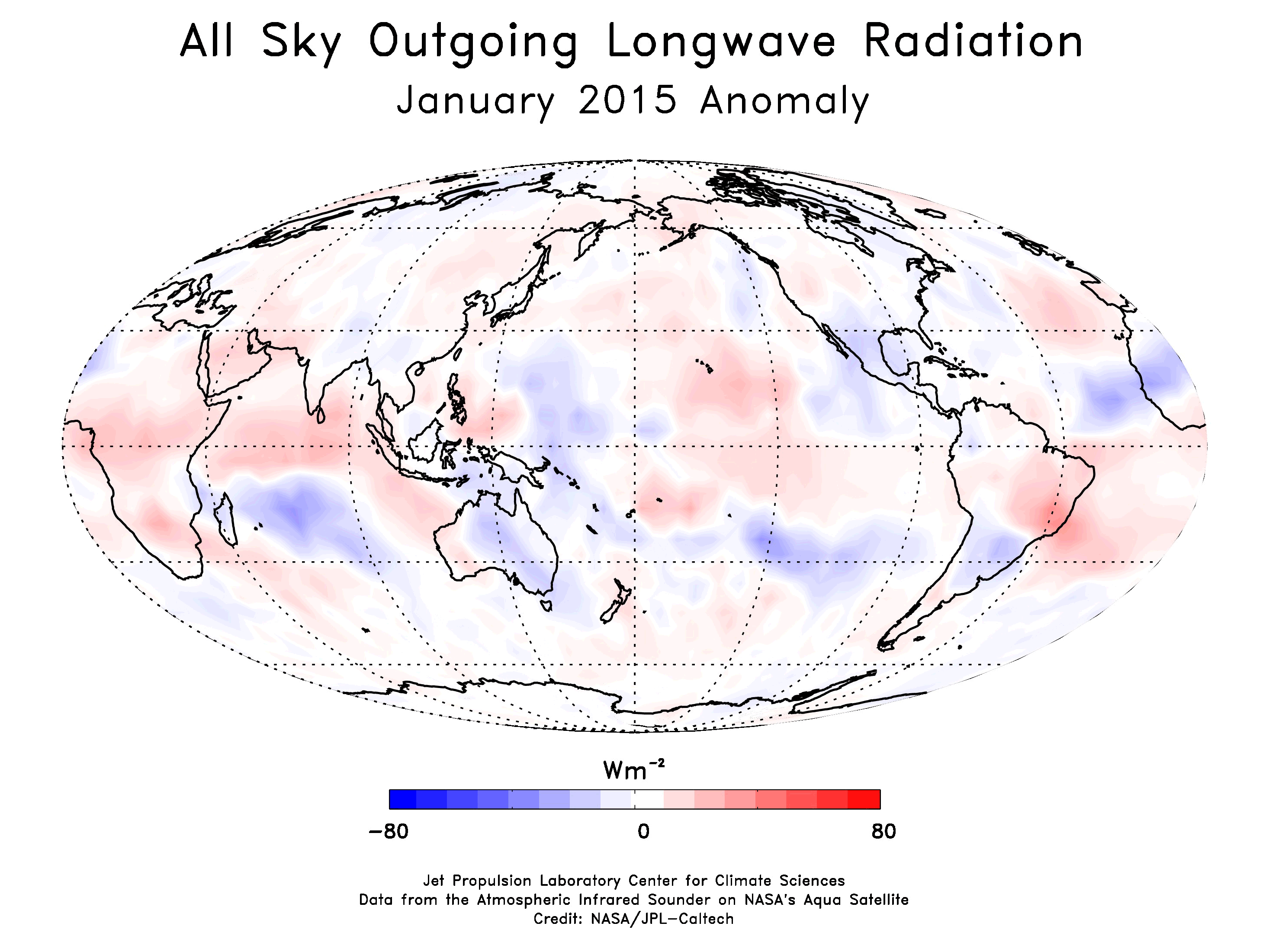 This animation shows the monthly AIRS Outgoing Longwave Radiation anomoly.